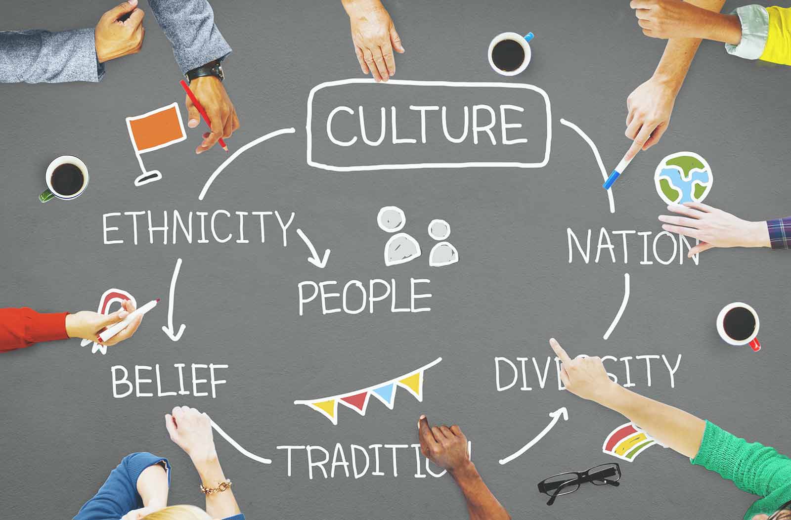 Hands of diverse ethnic groups are pointing at words like culture, tradition, diversity, and nation.