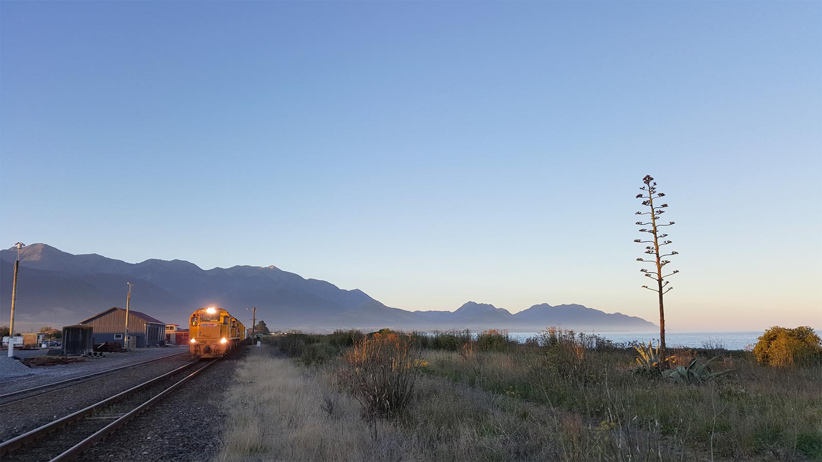 A train waiting for departure at dawn.